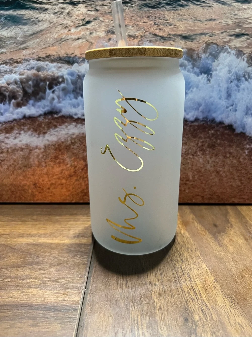 Personalized Frosted Glass Tumbler with Gold Script and Bamboo Lid